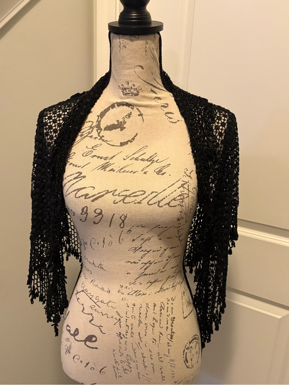 Vintage 90s Black Glass Beaded Triangle Evening Shawl Fringe Formal Wrap
